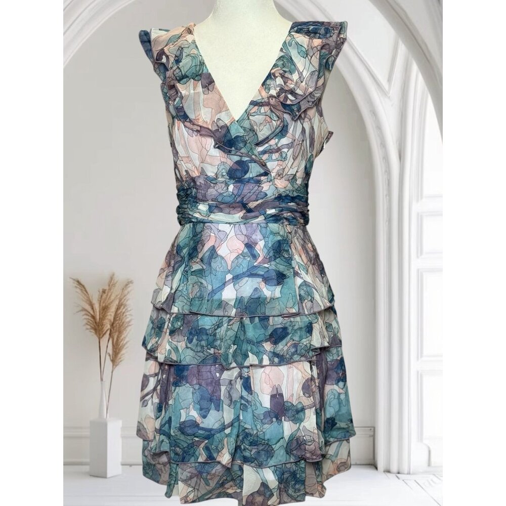 Jessica Simpson Womens Sleeveless Tired Ruffle Party Dres Sz 8 Blue Pink Green